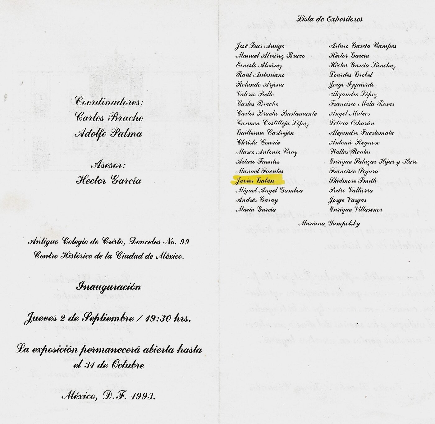 1993 — Lista de Expositores (Javier Galán)