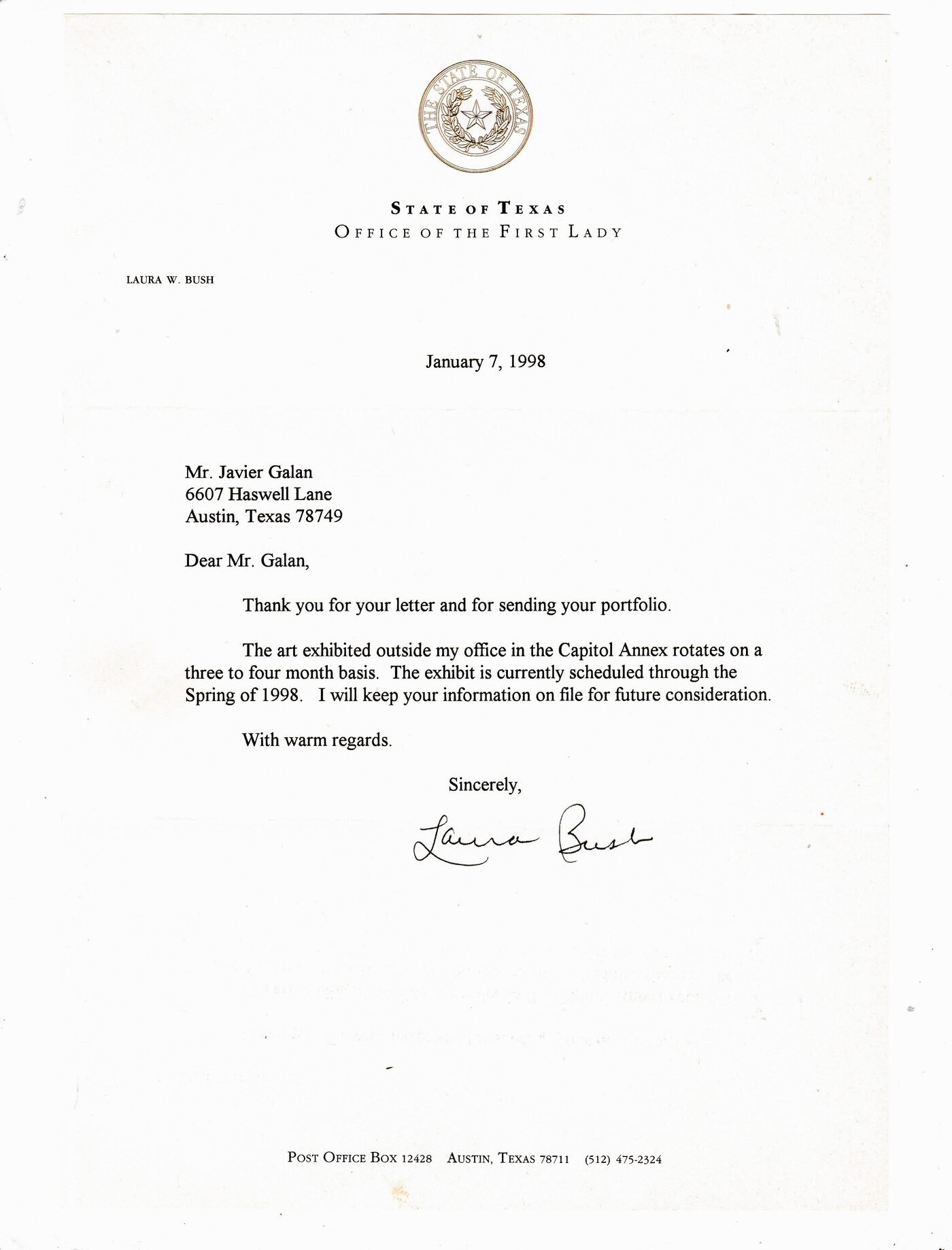 1998 — Letter from Laura W. Bush, First Lady of Texas