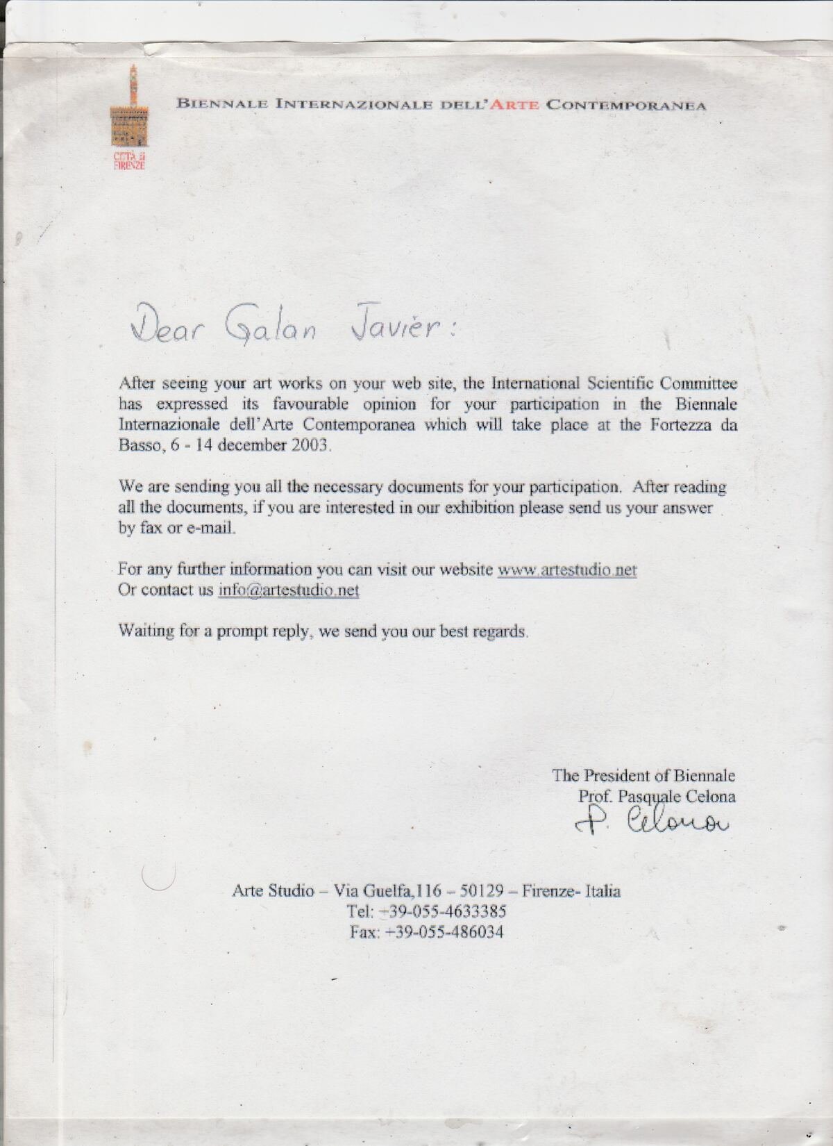 2005 — Florence Biennale invitation letter