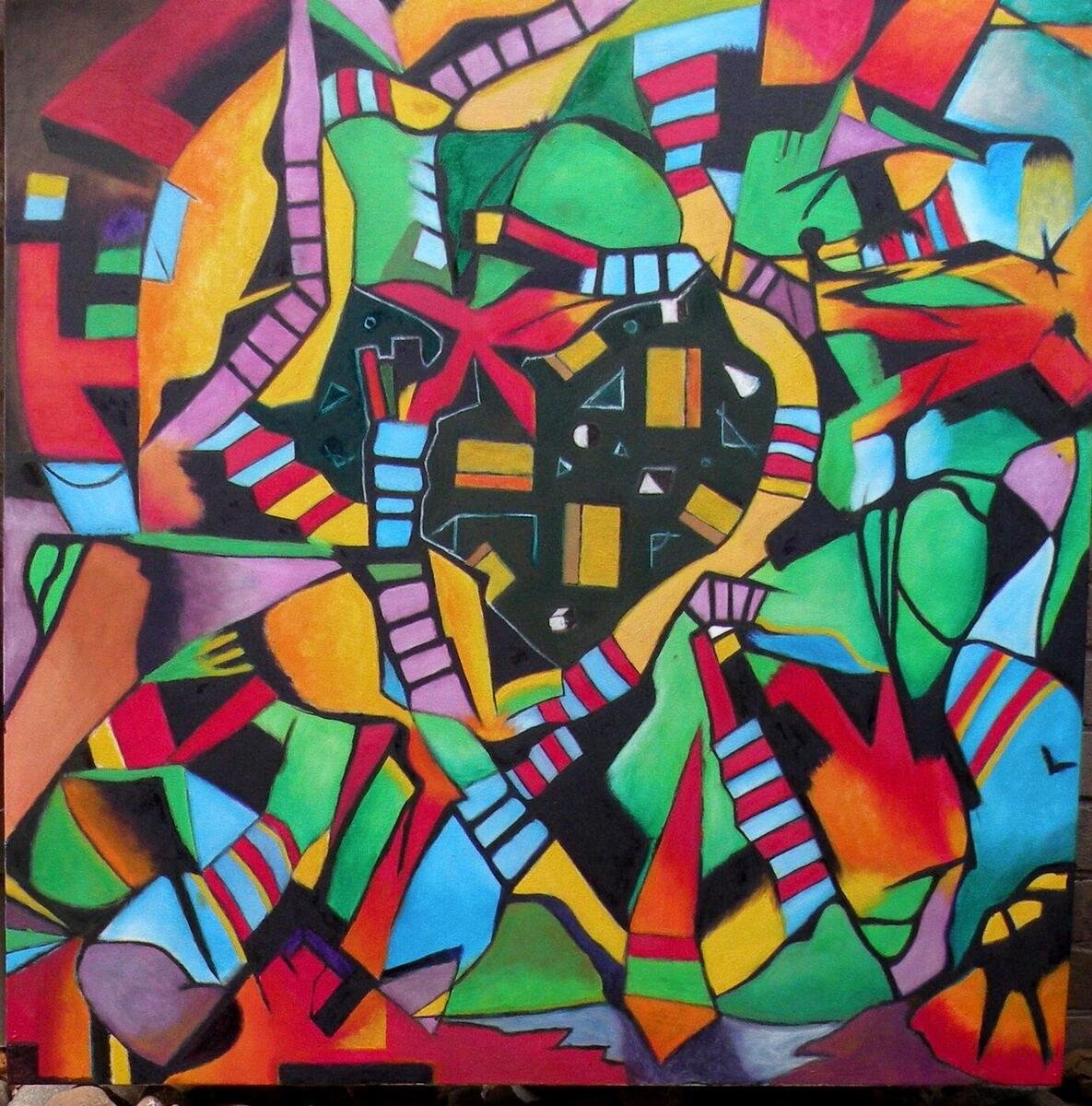 Black-and-white geometric painting – a symmetrical system of arrows, circles and crossing lines in white on a black ground, with tan and blue weathered marks along the edges